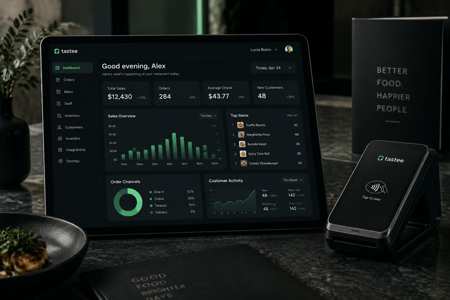 EYE unified restaurant dashboard on a tablet beside a countertop payment terminal