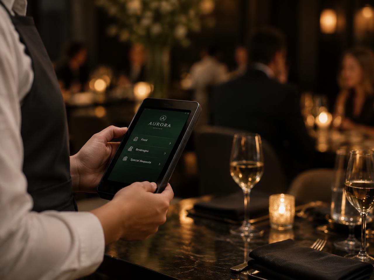 Server taking a tableside order on a handheld device in a fine dining room