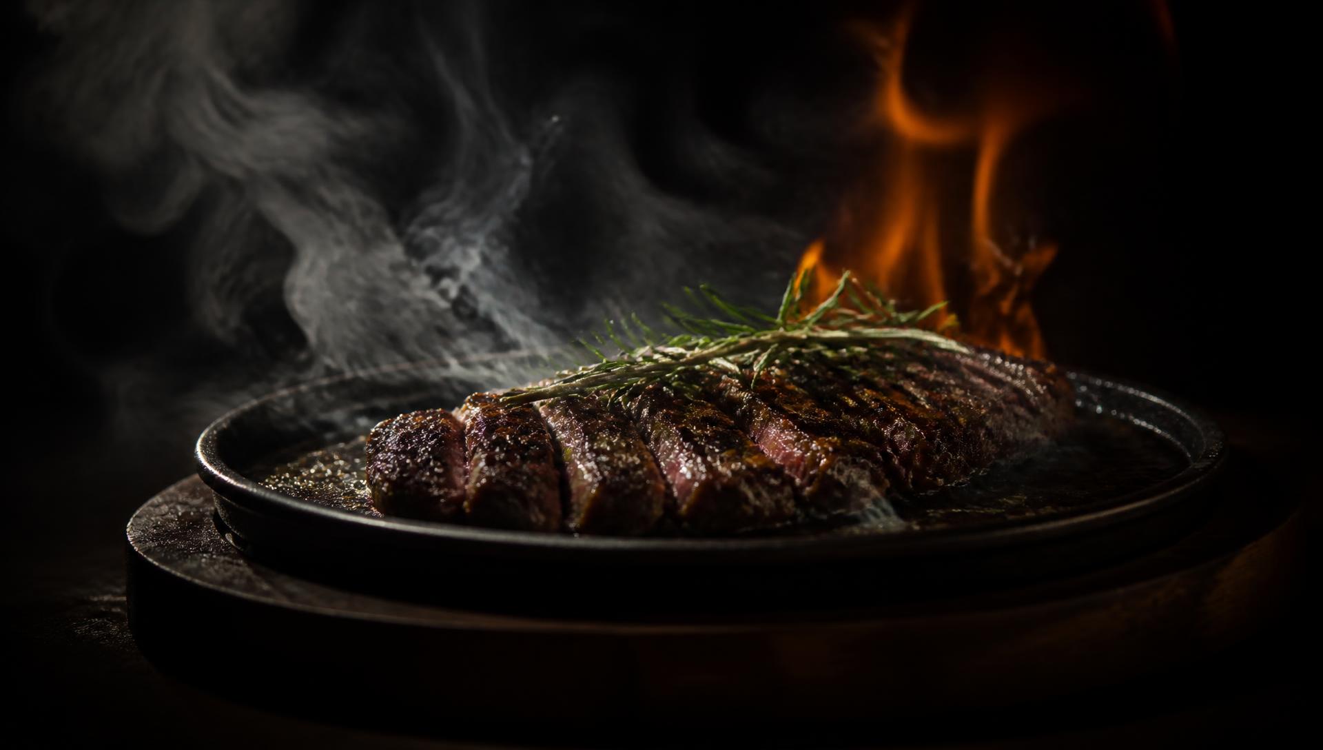 Premium dish sizzling in a dark kitchen