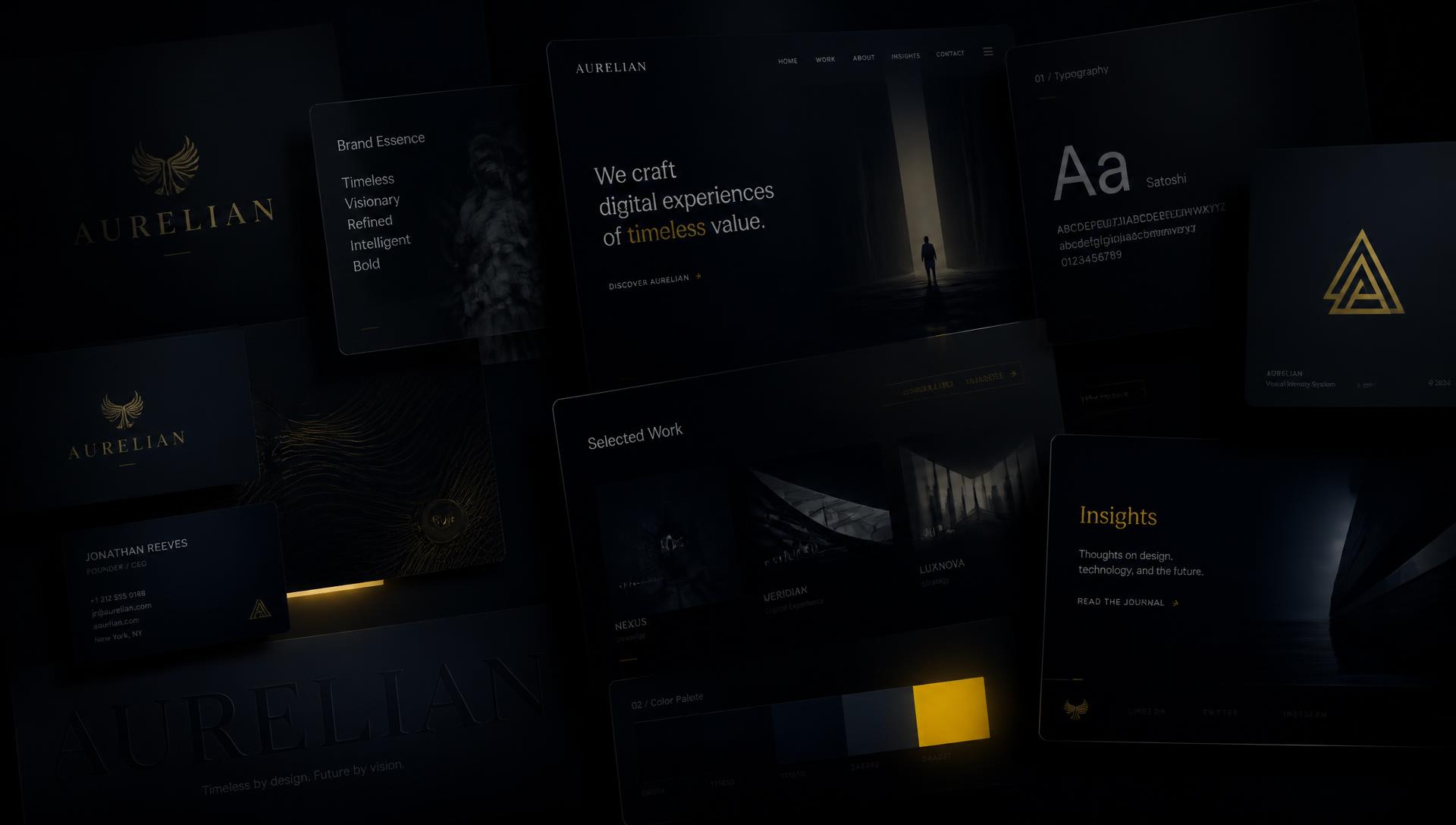 Collage of brand identity artifacts and web layouts