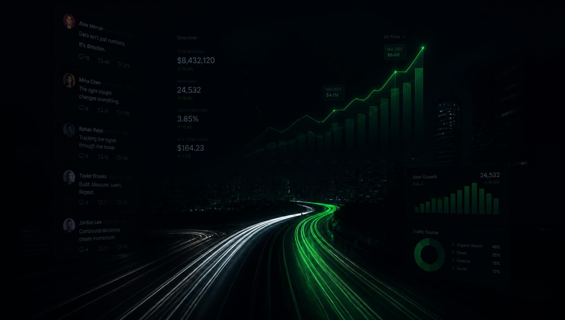 Rising analytics charts and traffic light trails